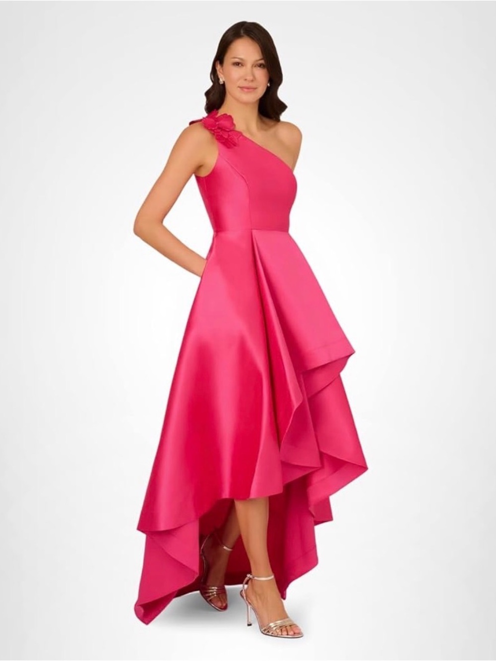 Adrianna Papell One-Shoulder Fuchsia High-Low Satin Dress